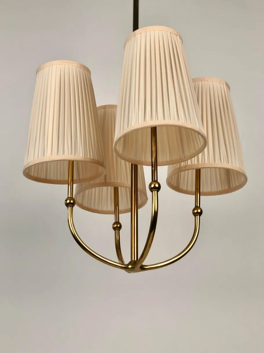 New Pamono 4-Arm Chandelier in Brass with Silk Shades, Austria, 1930s