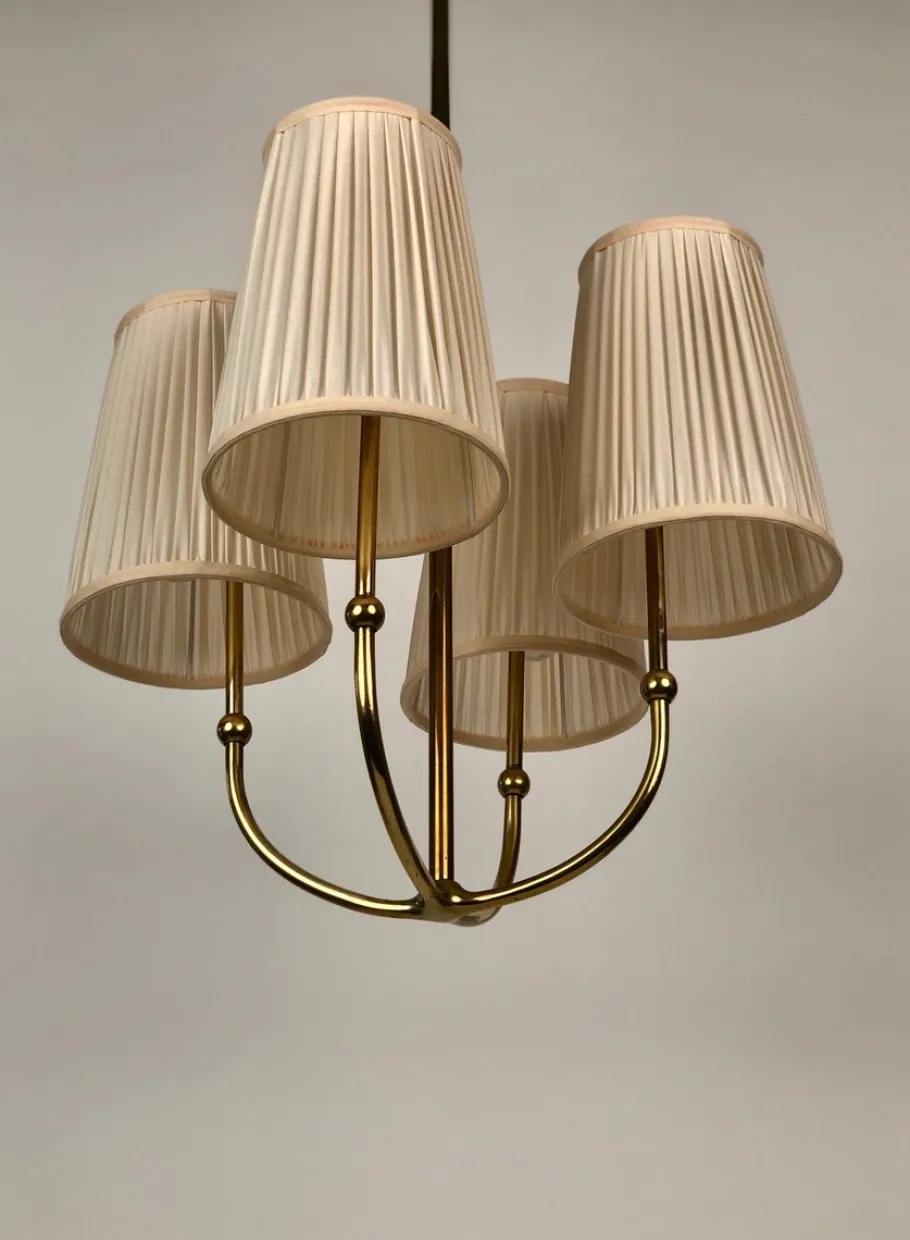 New Pamono 4-Arm Chandelier in Brass with Silk Shades, Austria, 1930s