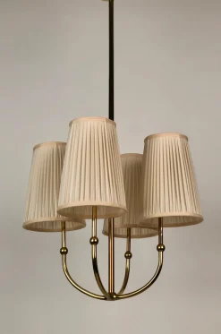 New Pamono 4-Arm Chandelier in Brass with Silk Shades, Austria, 1930s