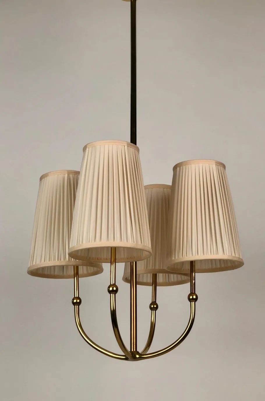 New Pamono 4-Arm Chandelier in Brass with Silk Shades, Austria, 1930s