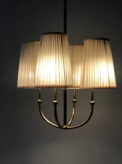 New Pamono 4-Arm Chandelier in Brass with Silk Shades, Austria, 1930s