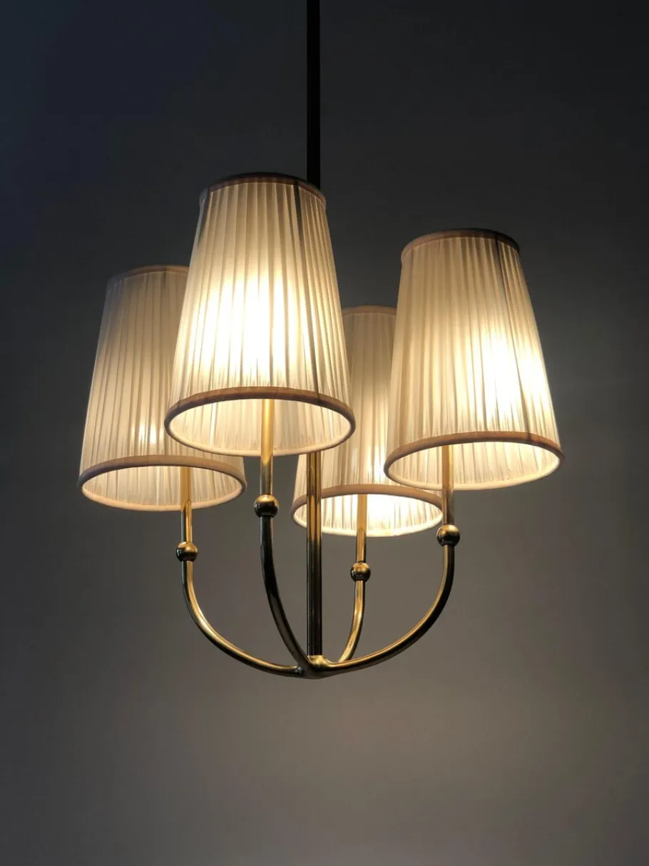 New Pamono 4-Arm Chandelier in Brass with Silk Shades, Austria, 1930s