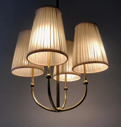 New Pamono 4-Arm Chandelier in Brass with Silk Shades, Austria, 1930s