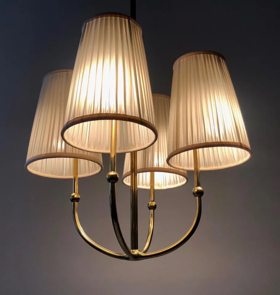 New Pamono 4-Arm Chandelier in Brass with Silk Shades, Austria, 1930s