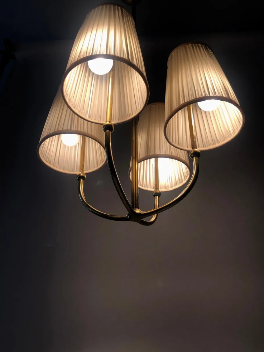 New Pamono 4-Arm Chandelier in Brass with Silk Shades, Austria, 1930s