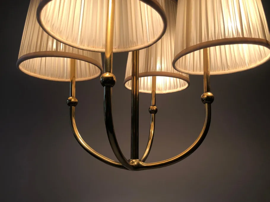 New Pamono 4-Arm Chandelier in Brass with Silk Shades, Austria, 1930s