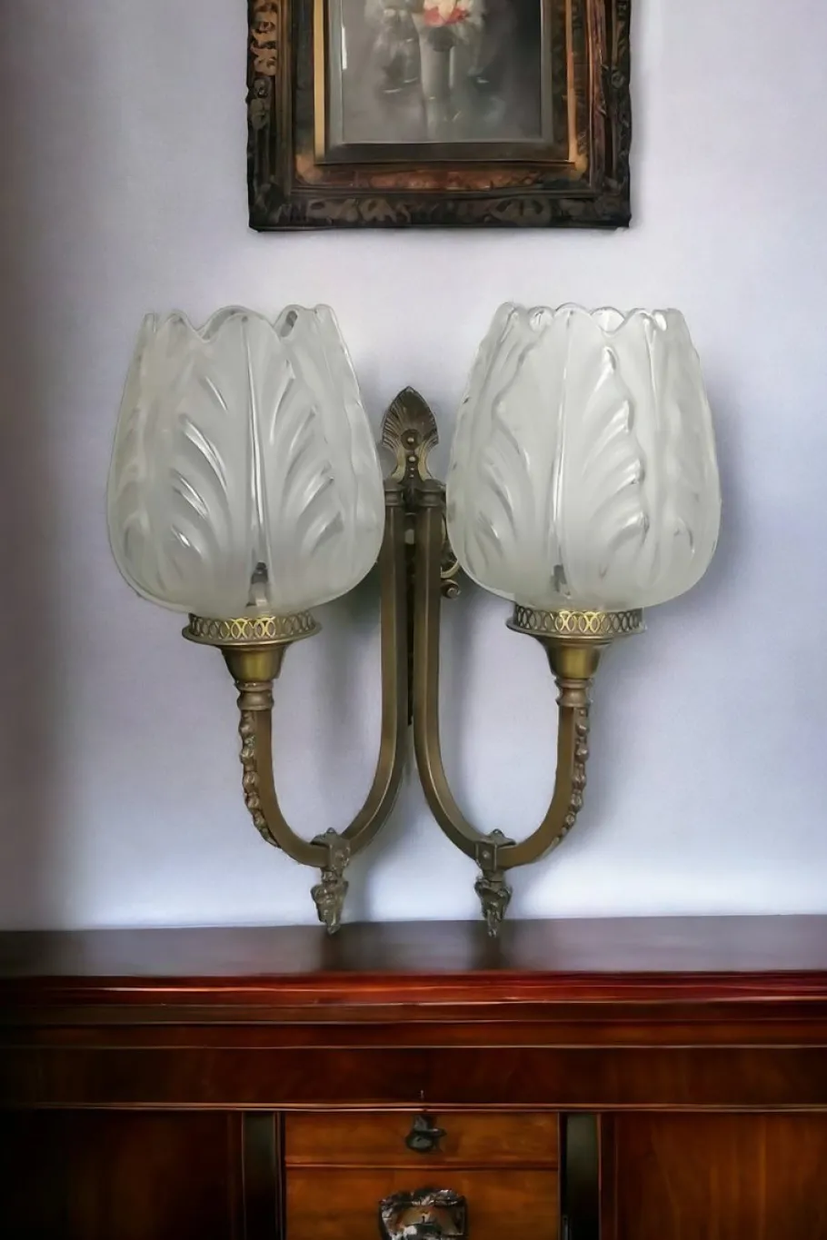 New Pamono 2-Armed Brass Wall Light with Tulip-Shaped Light Points, 1890s
