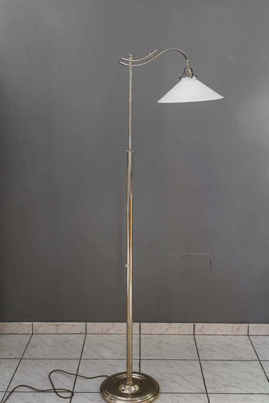 Clearance Pamono Art Deco Adjustable Nickel Floor Lamp with Opal Glass Shade, 1920s