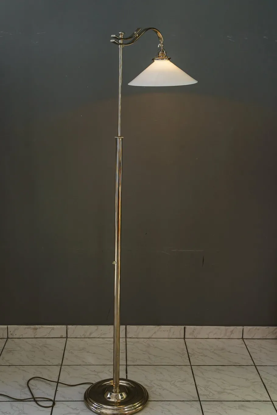 Clearance Pamono Art Deco Adjustable Nickel Floor Lamp with Opal Glass Shade, 1920s