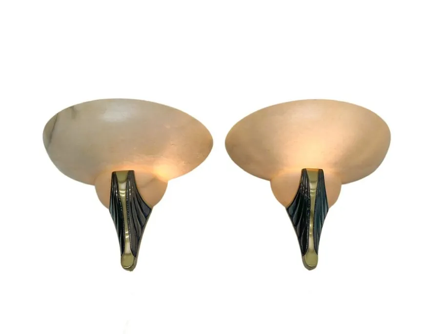 New Pamono Art Deco Alabaster and Bronze Wall Sconces, 1950s, Set of 2