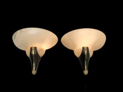 New Pamono Art Deco Alabaster and Bronze Wall Sconces, 1950s, Set of 2