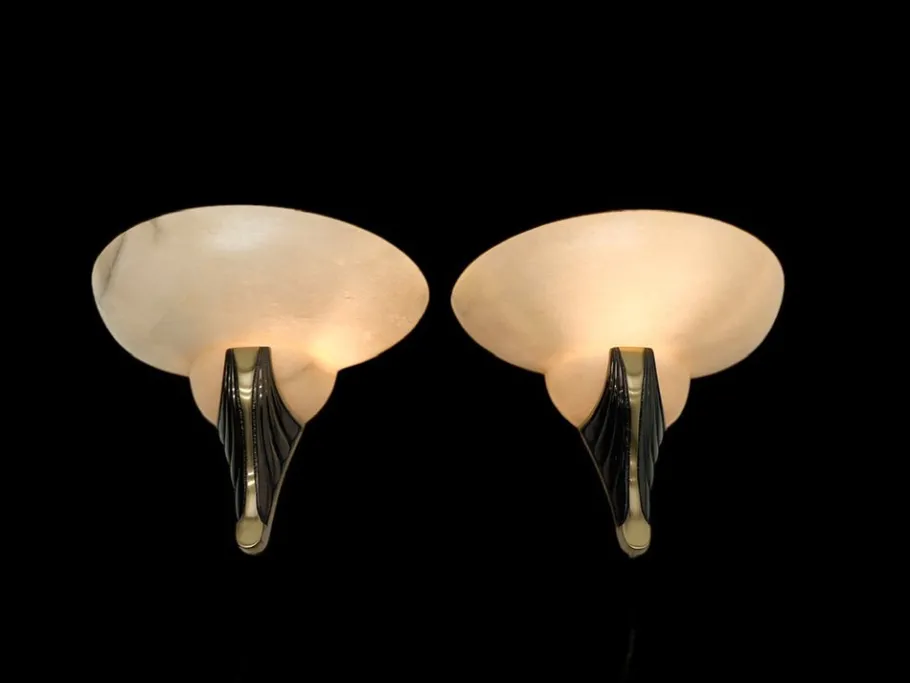 New Pamono Art Deco Alabaster and Bronze Wall Sconces, 1950s, Set of 2