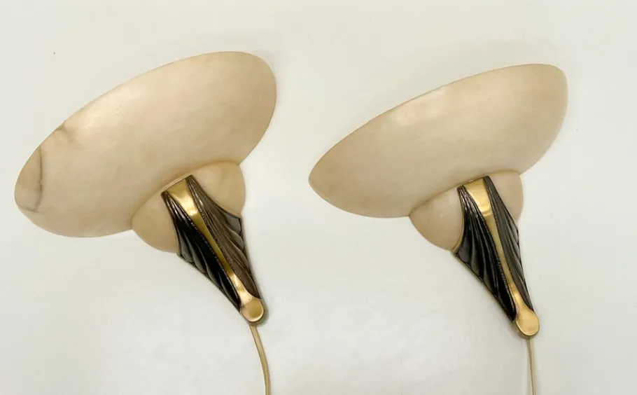 New Pamono Art Deco Alabaster and Bronze Wall Sconces, 1950s, Set of 2
