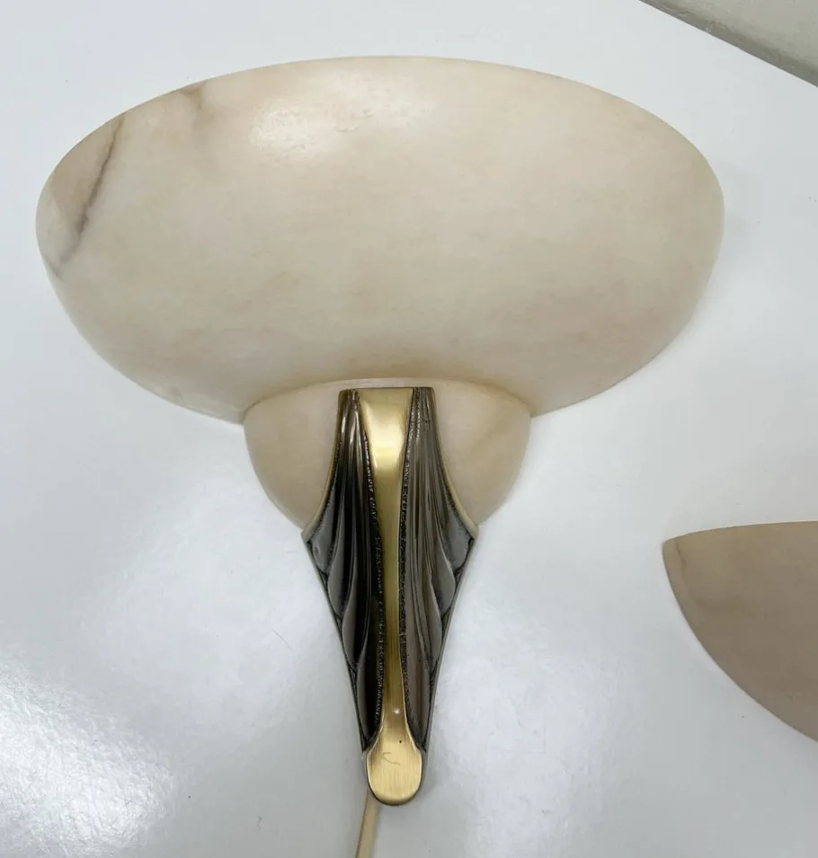 New Pamono Art Deco Alabaster and Bronze Wall Sconces, 1950s, Set of 2