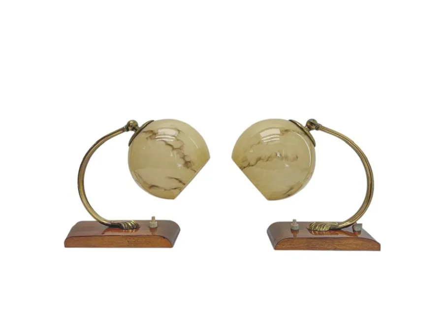 Online Pamono Art Deco Austrian Walnut and Glass Bedside Table Lamps, 1930s, Set of 2