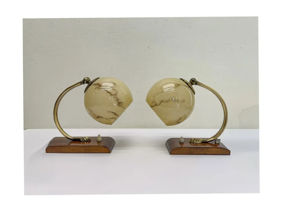 Online Pamono Art Deco Austrian Walnut and Glass Bedside Table Lamps, 1930s, Set of 2