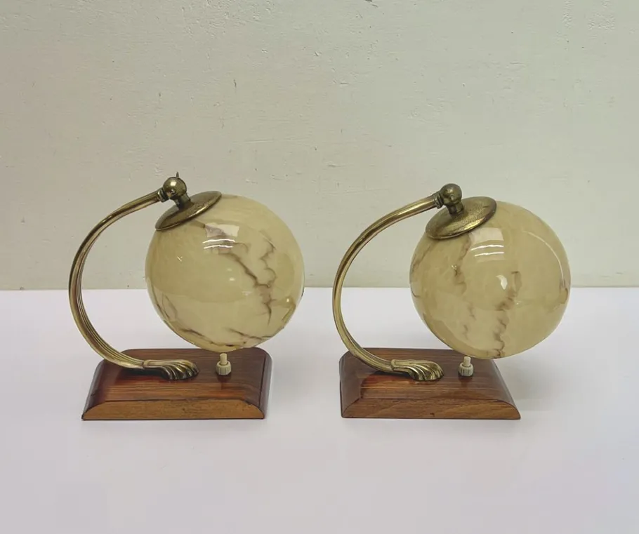 Online Pamono Art Deco Austrian Walnut and Glass Bedside Table Lamps, 1930s, Set of 2