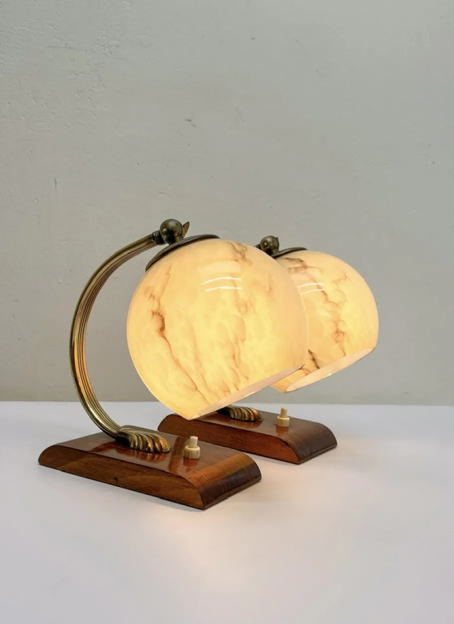 Online Pamono Art Deco Austrian Walnut and Glass Bedside Table Lamps, 1930s, Set of 2