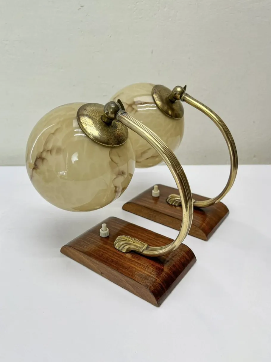 Online Pamono Art Deco Austrian Walnut and Glass Bedside Table Lamps, 1930s, Set of 2