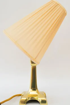 Pamono Art Deco Brass Table Lamp with Fabric Shade, Vienna, Austria, 1920s