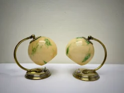 Pamono Art Deco Brass Table Lamps with Clouded Opal Shades, 1930s, Set of 2