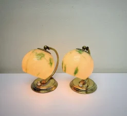Pamono Art Deco Brass Table Lamps with Clouded Opal Shades, 1930s, Set of 2