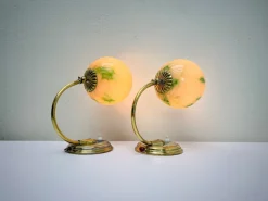 Pamono Art Deco Brass Table Lamps with Clouded Opal Shades, 1930s, Set of 2