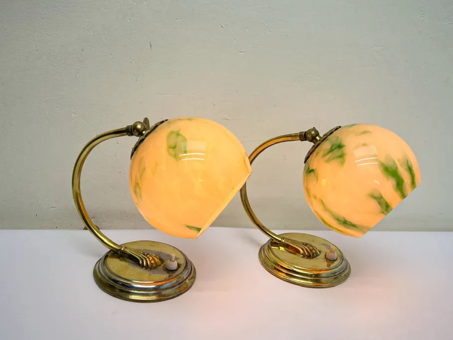Pamono Art Deco Brass Table Lamps with Clouded Opal Shades, 1930s, Set of 2
