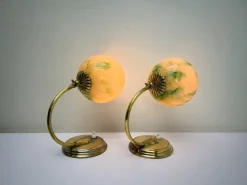 Pamono Art Deco Brass Table Lamps with Clouded Opal Shades, 1930s, Set of 2