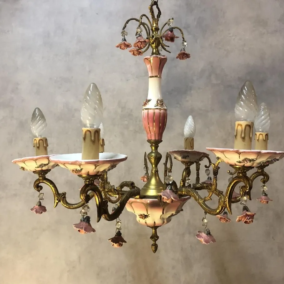 New Pamono Art Deco Bronze and Porcelain Chandelier, 1920s