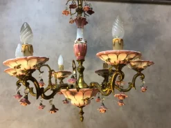 New Pamono Art Deco Bronze and Porcelain Chandelier, 1920s