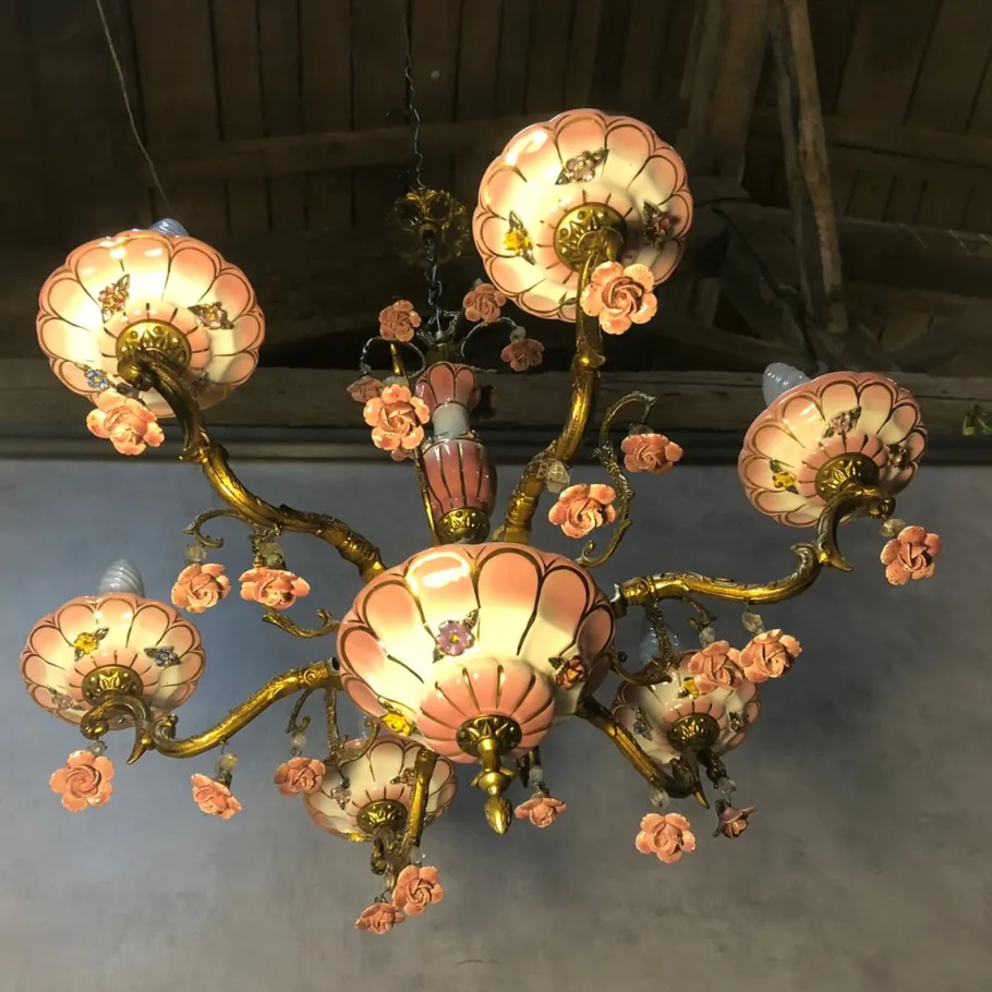 New Pamono Art Deco Bronze and Porcelain Chandelier, 1920s