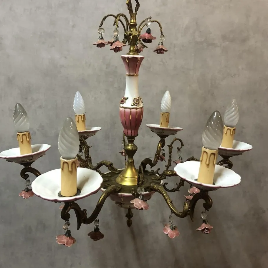 New Pamono Art Deco Bronze and Porcelain Chandelier, 1920s