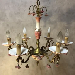 New Pamono Art Deco Bronze and Porcelain Chandelier, 1920s