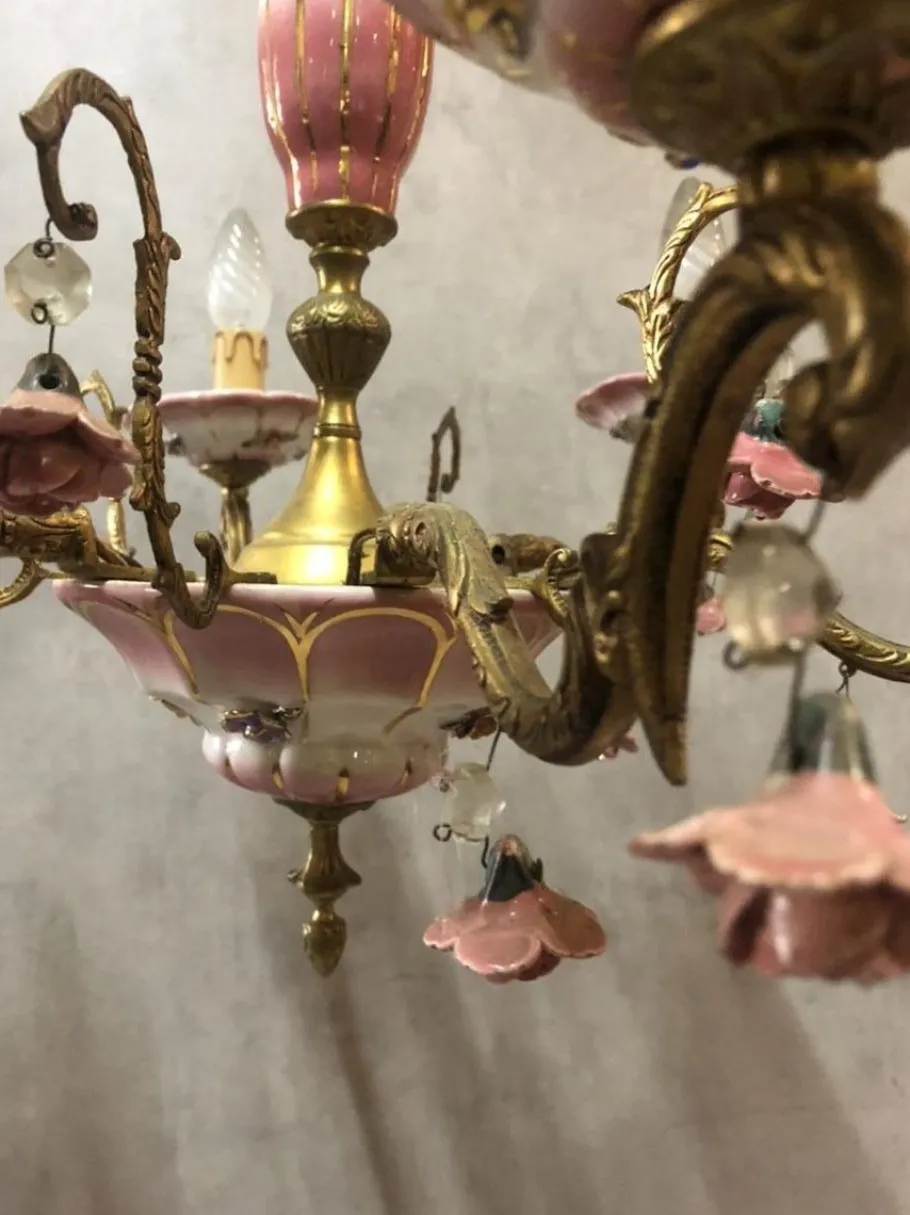 New Pamono Art Deco Bronze and Porcelain Chandelier, 1920s