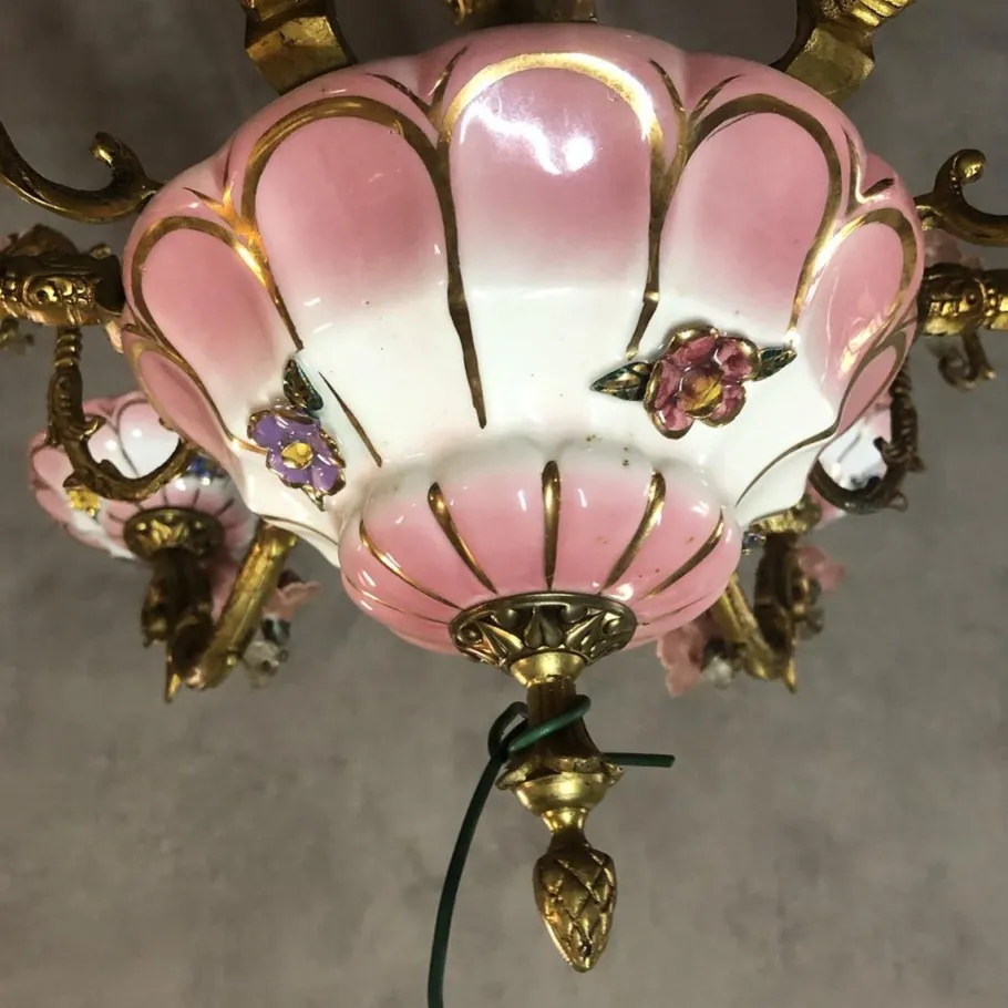 New Pamono Art Deco Bronze and Porcelain Chandelier, 1920s