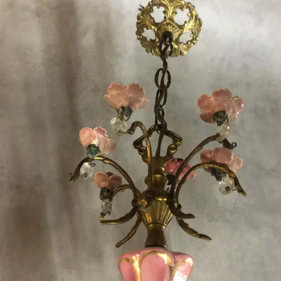 New Pamono Art Deco Bronze and Porcelain Chandelier, 1920s