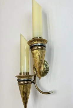 Hot Pamono Art Deco Bronze Torchiere Wall Light with Glass Candles, 1950s