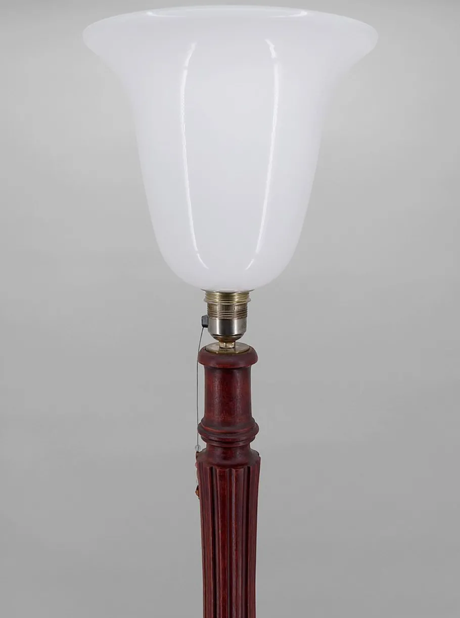 Pamono Art Deco Carved Wood and Opaline Glass Floor Lamp, France, 1925