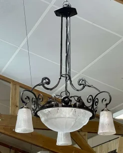 New Pamono Art Deco Chandelier in Glass and Wrought Iron from Muller Frères Luneville