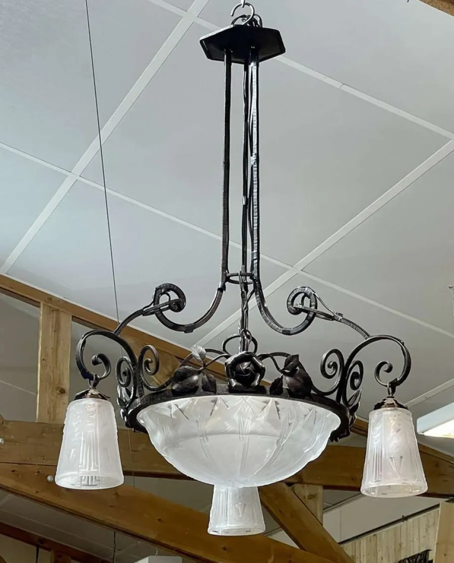 New Pamono Art Deco Chandelier in Glass and Wrought Iron from Muller Frères Luneville