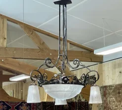 New Pamono Art Deco Chandelier in Glass and Wrought Iron from Muller Frères Luneville