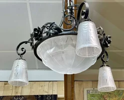 New Pamono Art Deco Chandelier in Glass and Wrought Iron from Muller Frères Luneville