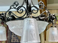 New Pamono Art Deco Chandelier in Glass and Wrought Iron from Muller Frères Luneville