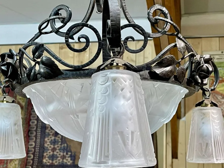New Pamono Art Deco Chandelier in Glass and Wrought Iron from Muller Frères Luneville