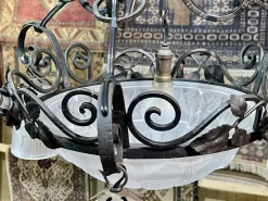 New Pamono Art Deco Chandelier in Glass and Wrought Iron from Muller Frères Luneville