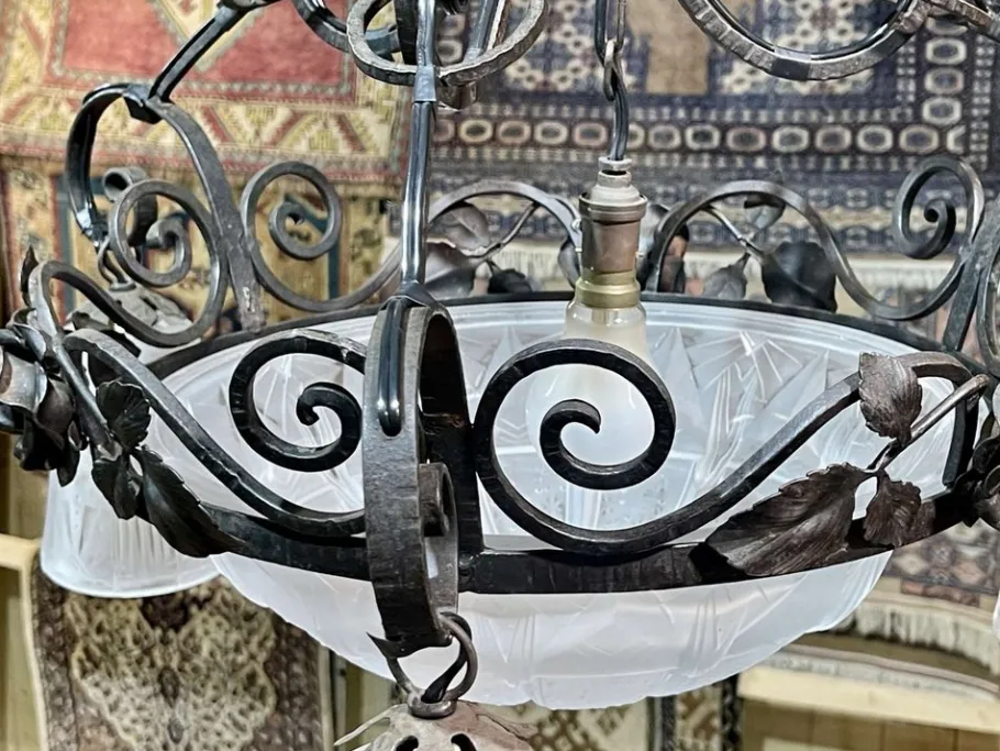 New Pamono Art Deco Chandelier in Glass and Wrought Iron from Muller Frères Luneville
