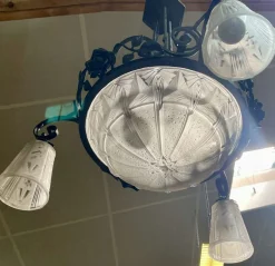 New Pamono Art Deco Chandelier in Glass and Wrought Iron from Muller Frères Luneville