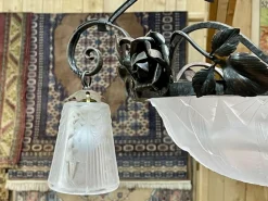 New Pamono Art Deco Chandelier in Glass and Wrought Iron from Muller Frères Luneville
