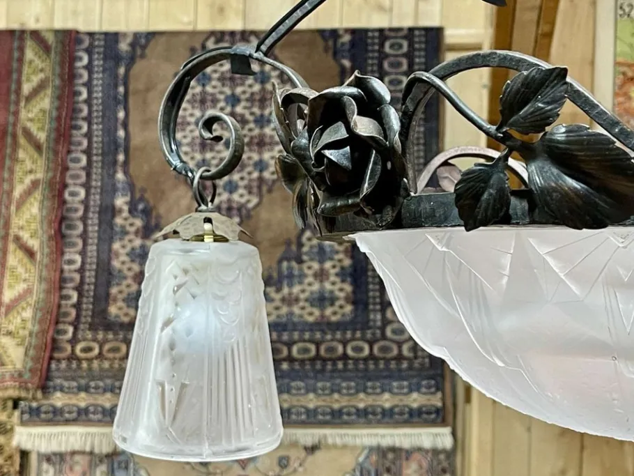 New Pamono Art Deco Chandelier in Glass and Wrought Iron from Muller Frères Luneville